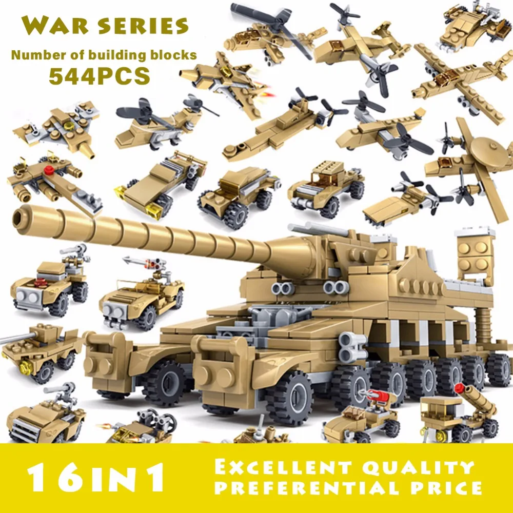 

544PCS 16 in 1 Army Tank Building Blocks Bricks Military Vehicles Compatible Legoings Weapons Brinquedo Menina Toys For Children