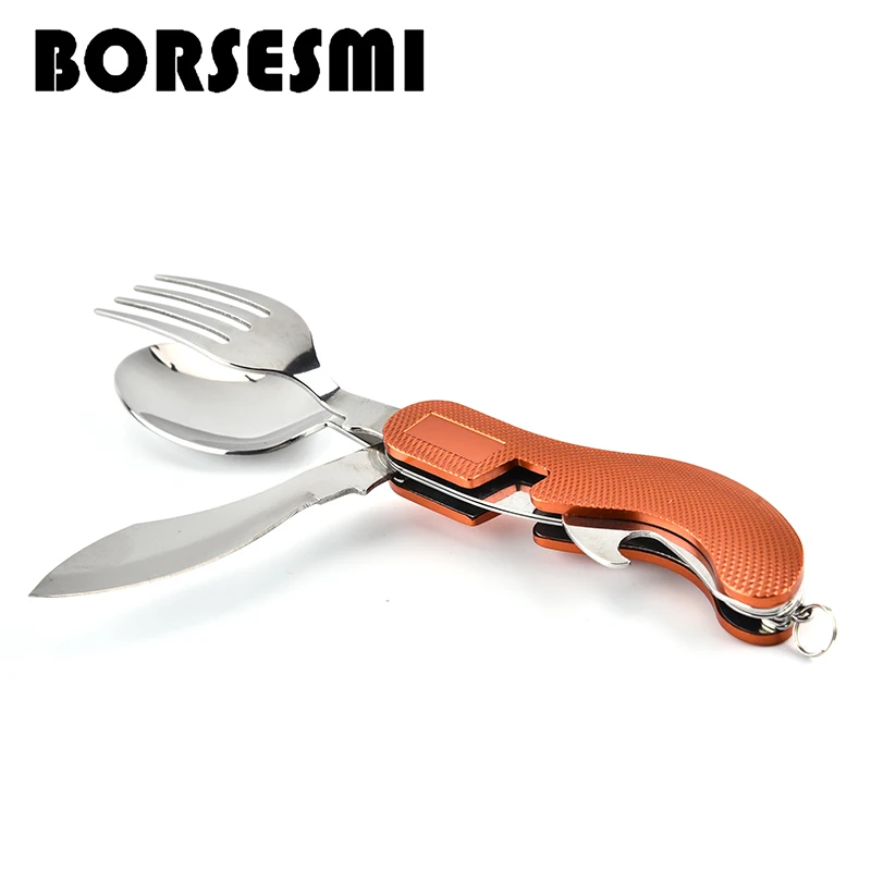 Hight quality Stainless steel pocket knife spoon fork multi function can open cutlery 4 in 1