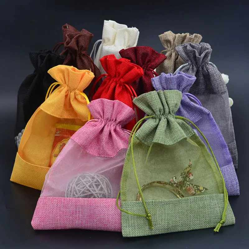 

2 pieces random color/pack portable drawstring linen storage bags for small articles S01