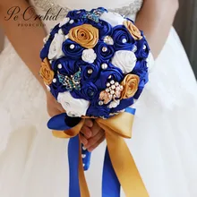 Атласная роза Свадебный букет с брошью Королевский синий Boeket Bloemen Разноцветные кристаллы Свадебные цветы ручной работы невесты букеты