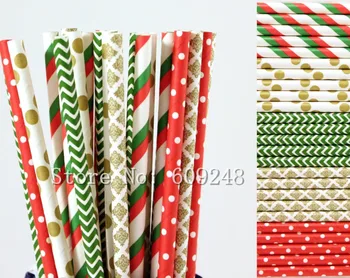 

125pcs Drinking Christmas Paper Straws Mix,Gold Damask and Polka Dot,Red Swiss Dot,Green Red Striped,Green Chevron,Holiday Party