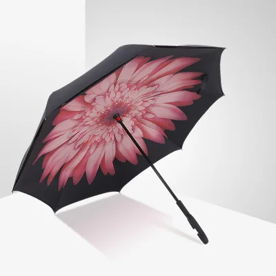 Drop shipping Windproof C-type Folding reverse umbrella hands-free rain/sun women/men outdoor double Layer Inverted zizihua - Цвет: fenjuhua