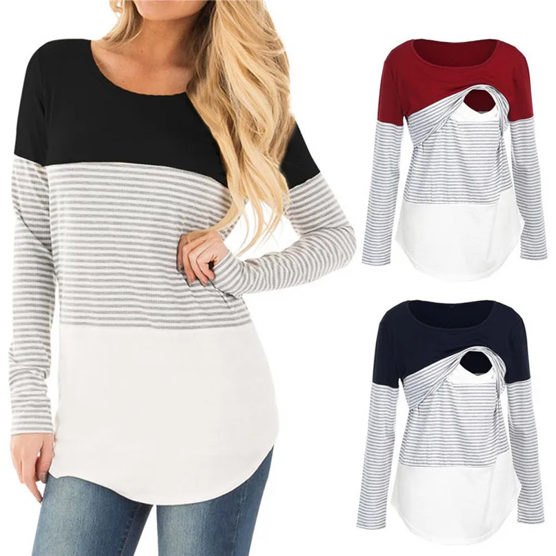 Maternity Clothes Breastfeeding Clothes Maternity Nursing Wrap Top Long Sleeves Patchwork Striped Blouse T-Shirt Clothes N13#F (1)
