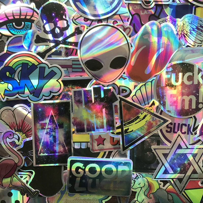 AQK 60Pcs/Lot Cool Motorcycle Laser Stickers Bomb Tide Brand ET Alien Decals For Skateboard Luggage Laptop Notebook Guitar Car