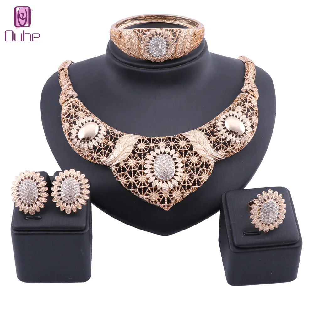 

Fashion Women Wedding Bridal Jewelry Set Dubai Gold Color Crystal Party Earring Ring Necklace Bangle Jewelry Set