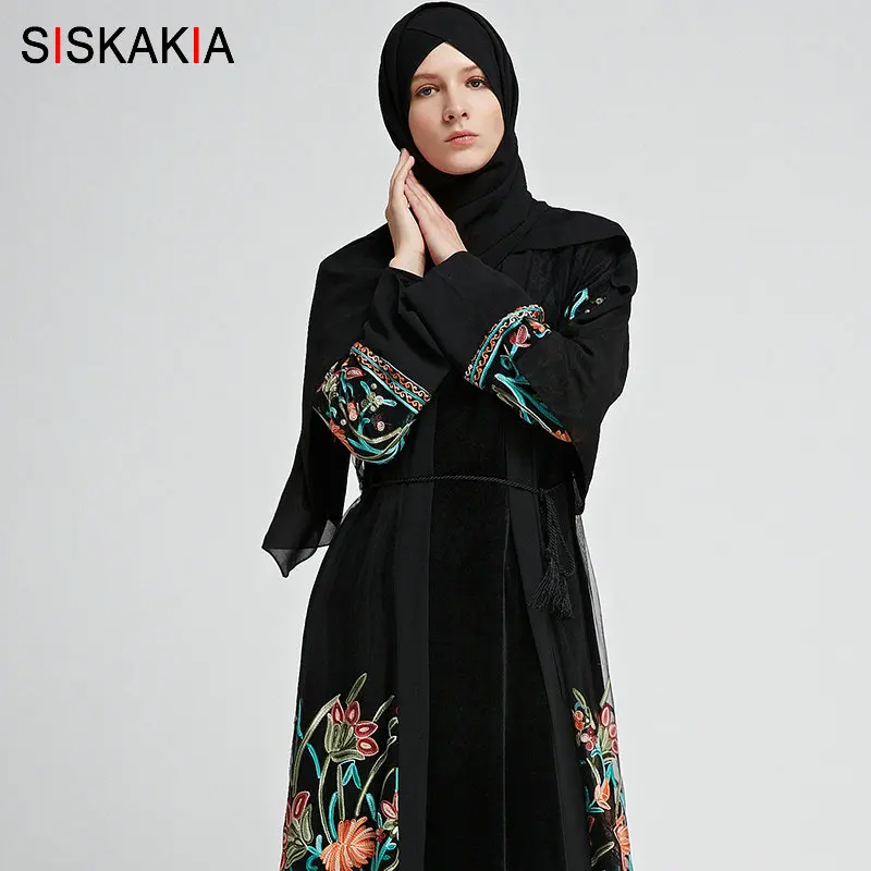 Black abaya Siskakia мусульманский кардиган для улицы, халаты с кисточкой, пояс, модная черная сетка, Цветочная вышивка, Женская абайя, до середины икры, Дубай, арабский, Новинка - Цвет: Black abaya
