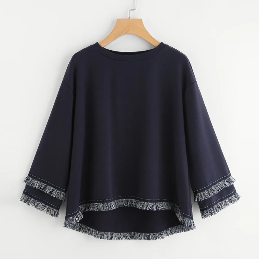 

NEW Womens O Neck Hoodies Autumn Long Sleeve Tiered Fringe Tassel Sweatshirt Jumper Pullover Tops Solid Women Sweatshirt 2019