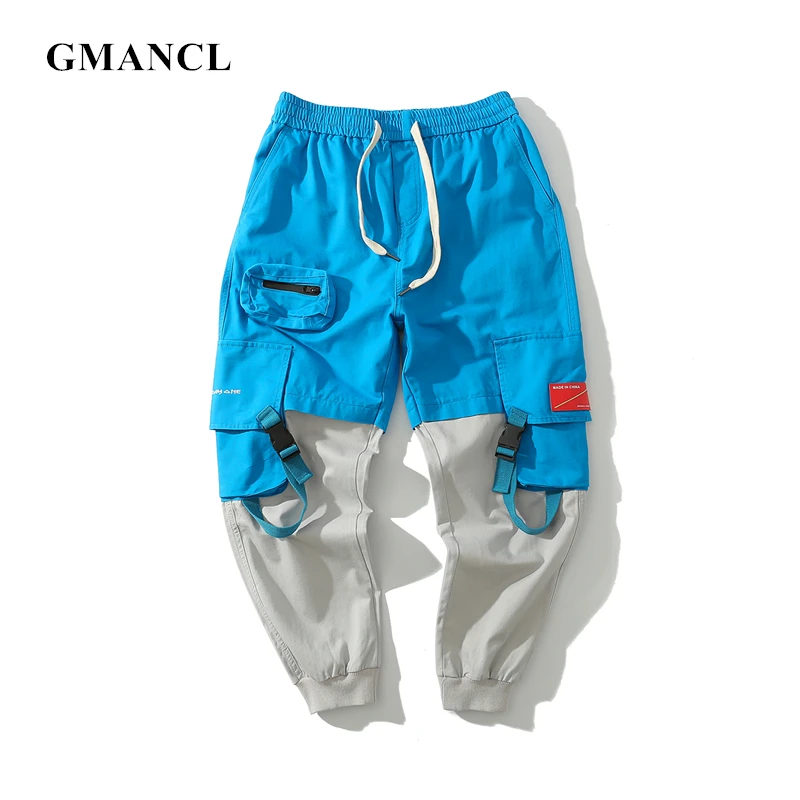 

New Men spring Solid Patchwork tactical Cargo pants Elastic waist Drawstring Multi-pocket casual Joggers Sweatpants streetwear