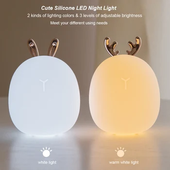 

USB Rechargeable LED Desk Lamp Silicone Tapping Cute Antler Sleep Night Light Brightness Adjustable for Bedroom Baby Room
