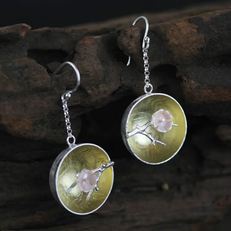 

JINSE Real 925 Sterling Silver Natural Shell Handmade Fine Jewelry The Aroma of Wintersweet Dangle Earrings for Women Brinco
