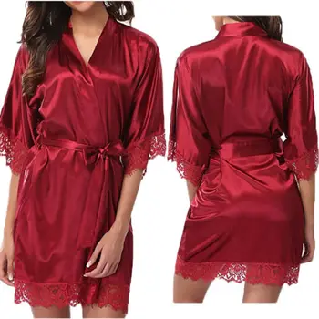 

2018 Winter Silk Dress Ladies Women's Lace Sleepwear Robe Summer Middle Lace Sleece Bathrobe Sexy Lingerie Night Gown Thongs