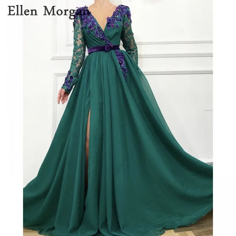

Saudi Arabian Long Sleeves Evening Dresses Party Elegant for Women V Neck Floor Length Chiffon Lace Formal Prom Gowns 2019