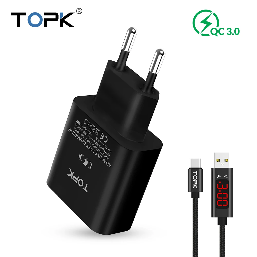 

TOPK Mobile Phone Charger 18W Quick Charge 3.0 Fast USB Charger EU Plug Wall Travel Adapter for Samsung Galaxy S9/S8 Xiaomi LG