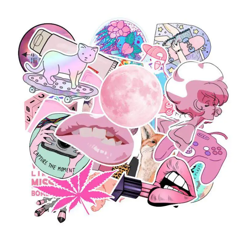

50pcs Pink Girl Painting Graffiti stickers Pink Animal Waterproof Sticker DIY Refrigerator Computer Skateboard Decoration Stick