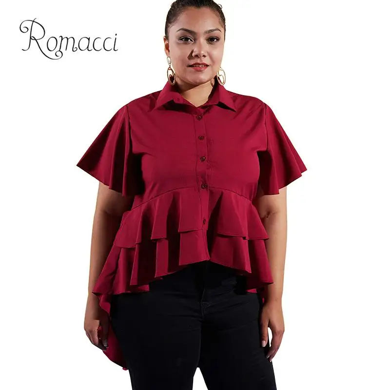 

Romacci Women Plus Size Blouse Solid Color Asymmetric Tiers Hemline Ruffle Short Sleeve Buttons Elegant Shirt for Women Oversize