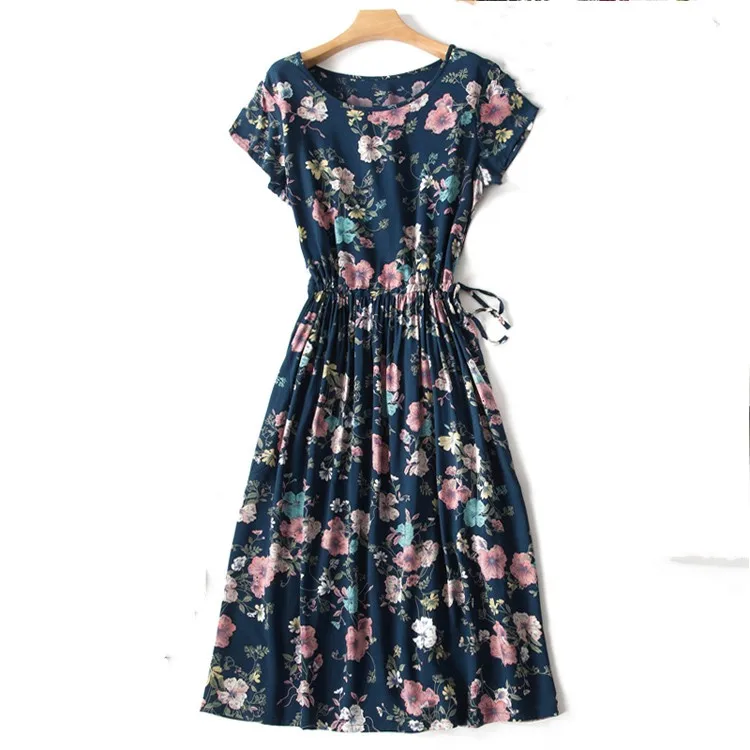 

L-3XL -- peony flower print short sleeve drawstring rayon dress 2019 summer