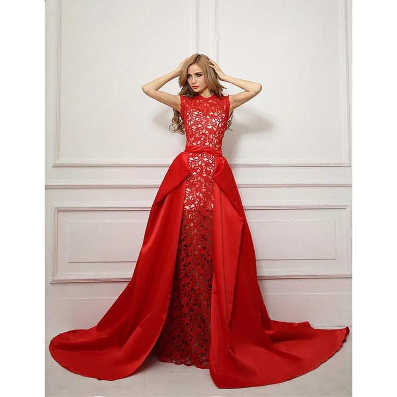 Cheap Long Evening Prom font b Dresses b font Floor Length Applique Removable Skirt Red Lace