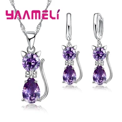 Elegant Sterling Silver Jewelry Set with Shimmering Crystal Cat Pendant and Huggie Earrings (Purple)