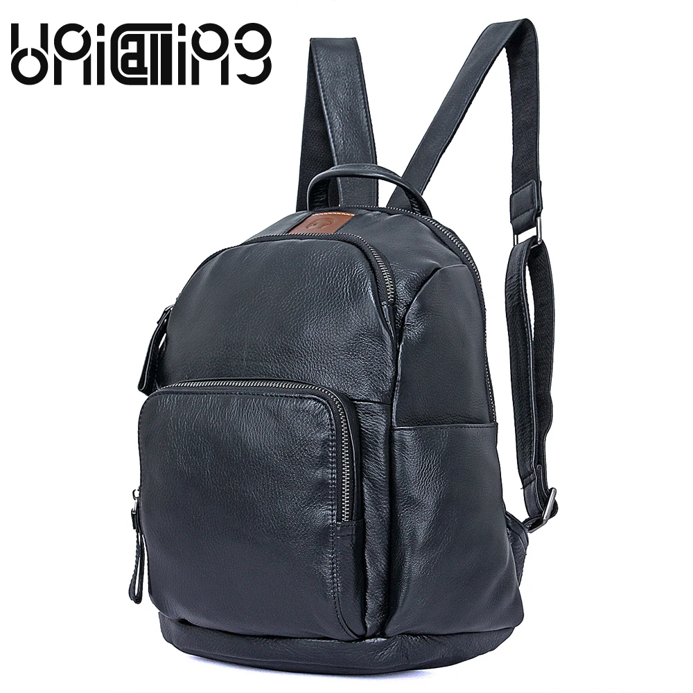 

UniCalling New style Unisex leather backpack solid color headset jack backpack men All-match zipper cow leather backpack