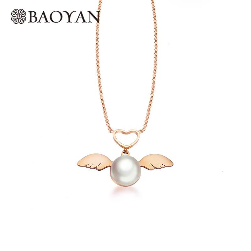 Baoyan Angle Wing Сердце ожерелье для женщин из нержавеющей стали полукруглый жемчуг ожерелье Женская мода ювелирные изделия дамы