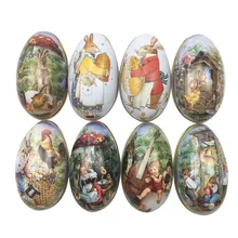 4pcs Random Mix Easter Bunny Chick Printing Alloy Metal Trinket Tin Easter Eggs Shaped Candy Box