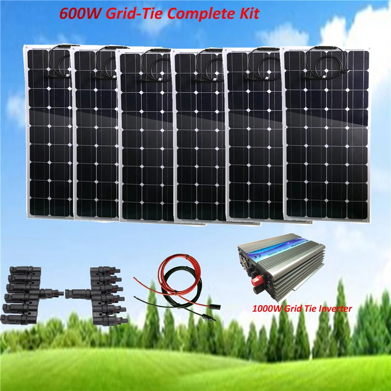 

600W Solar Panel Kit : 6 x 100W Flexible Solar Panel Grid-Tie Solar System with 1000W Inverter+ 5M Cable+MC4 Connector Home