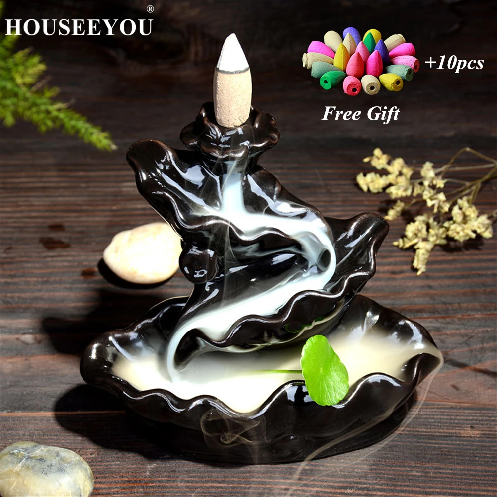 LED Light Buddhist Ceramic Backflow Censer Burner Holder with 5 Incense Cones 