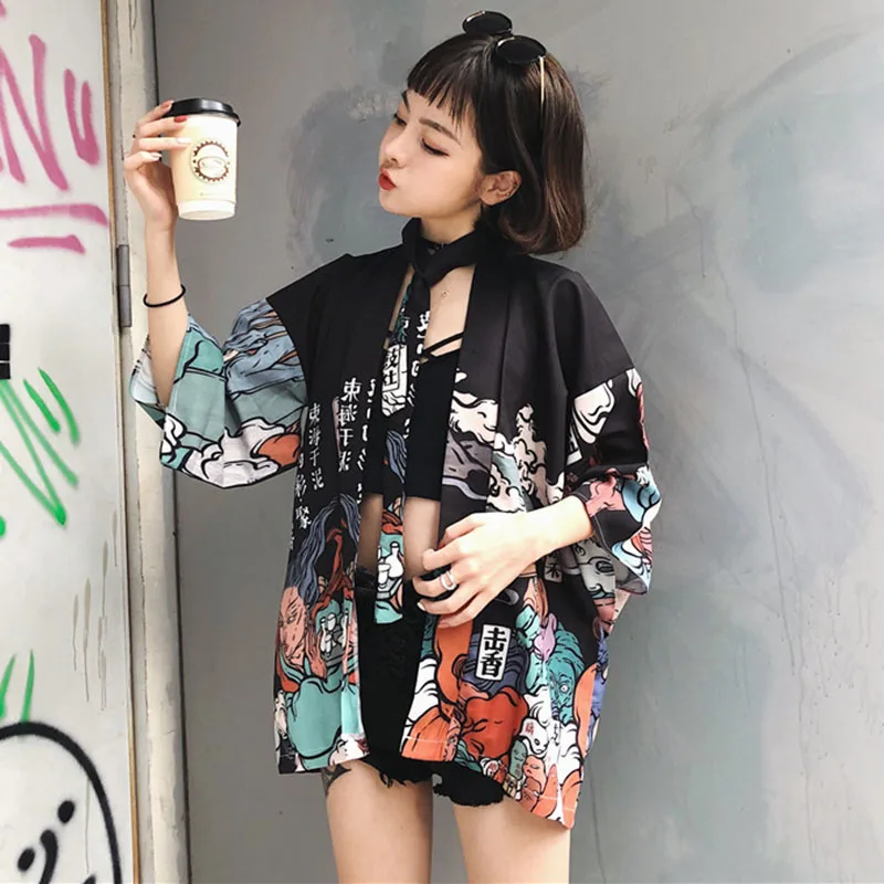 Women Kimono Jacket Outwear 3/4 Sleeve Japanese Style Printed Loose Tops Harajuku Girl Streetwear Vintage Coat Summer 226-126