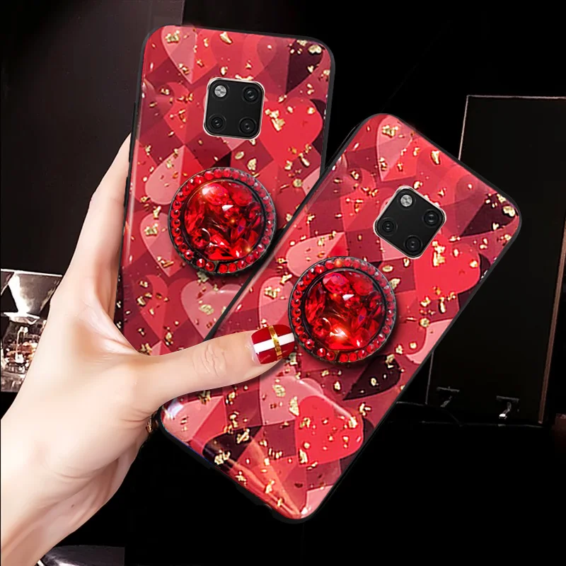 Manderm Red Heart Phone Case For Huawei Mate 20rs Shiny Sequins Tempered Glass With Finger Rings Womens Wrist Strap Protective |