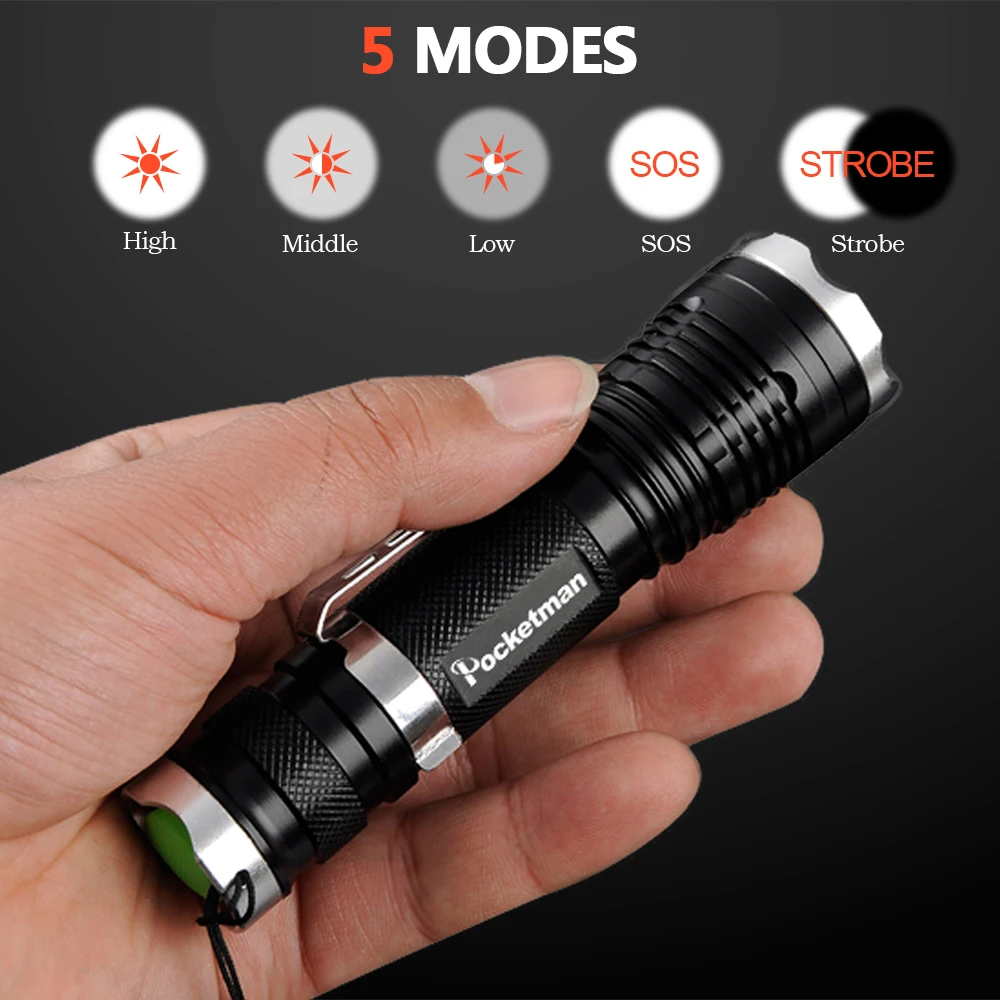  Powerfull XML-T6 Powerful LED Flashlight Waterproof 5 Modes Zoomable Flash light Belt Clip LED Totc