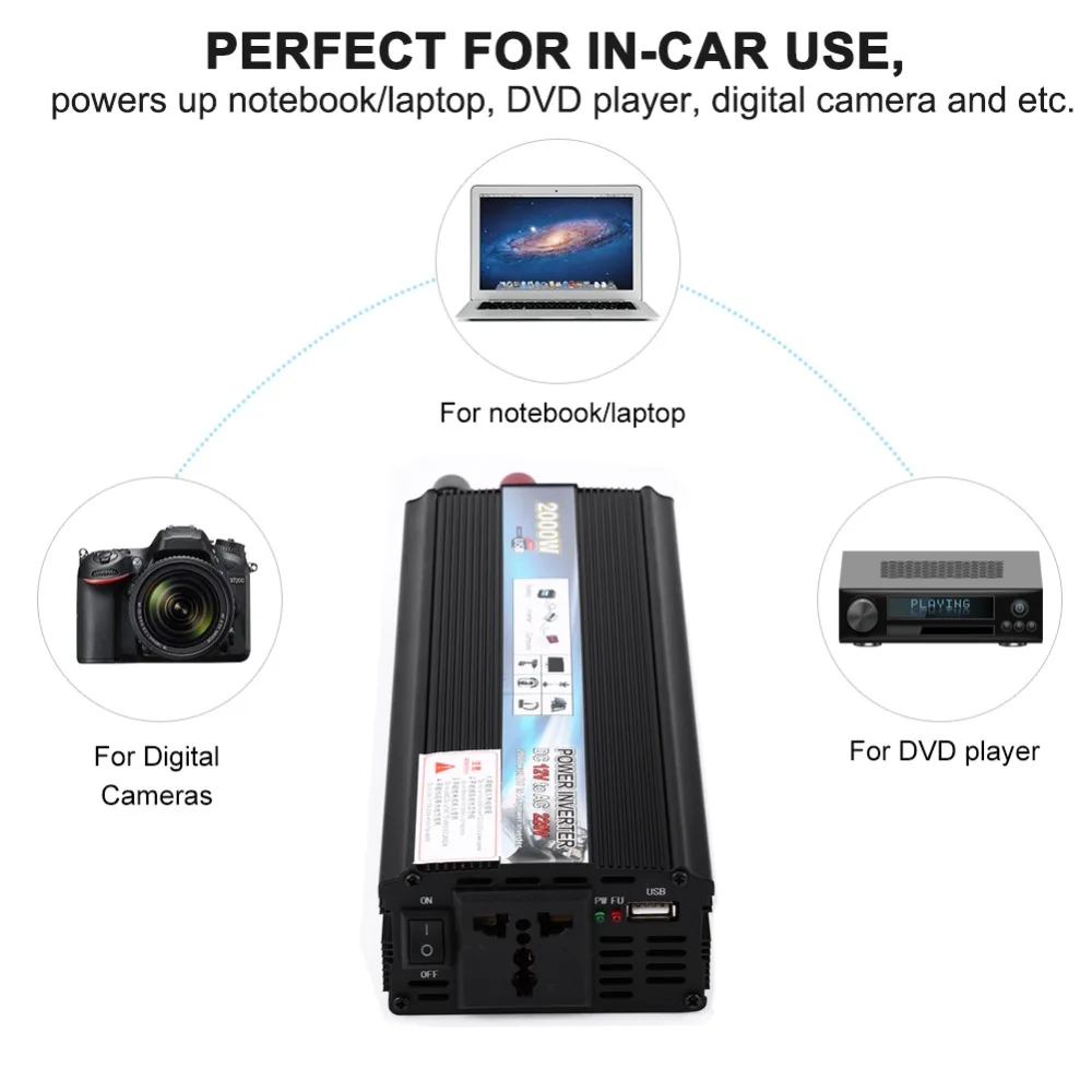 

Oversea 2000W DC 12V to AC 220V Car Power Inverter Converter Transformer with USB Port Charger Adapter Travel Portable Converter