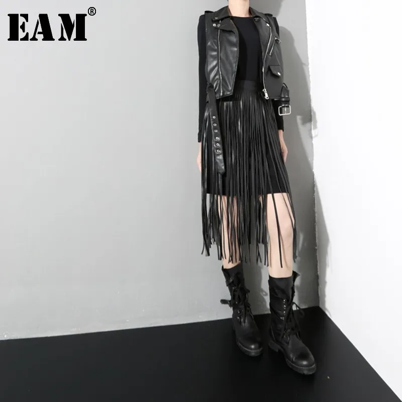 

[EAM] 2019 New Spring Summer Black Pu Leather Tassels Split Joint Loose Personality All-match Belt Women Fashion Tide JO300