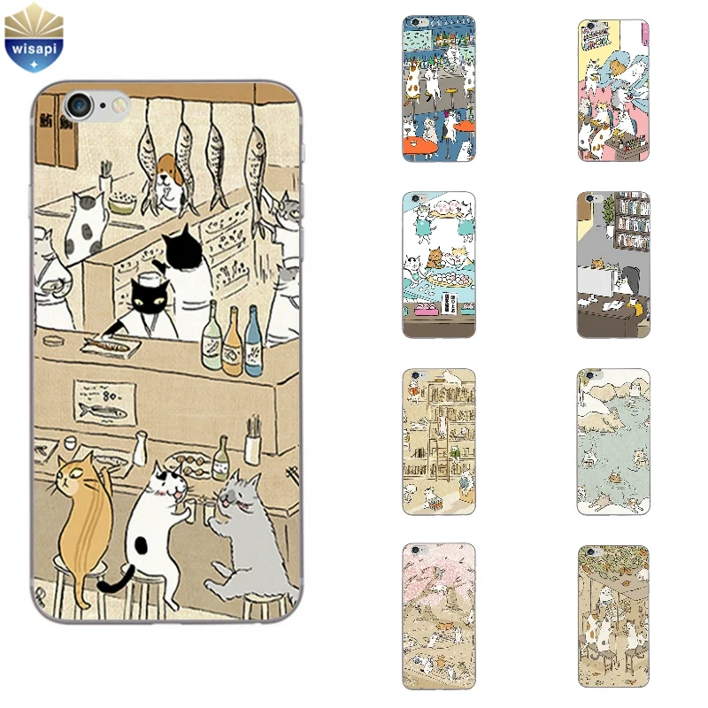 

Phone Case For Apple iPhone 5 5C SE 6 6S Plus Back Cover 4.7 5.5 Inch Soft TPU Shell Cellphone Cute Cat Drinking Design Painted