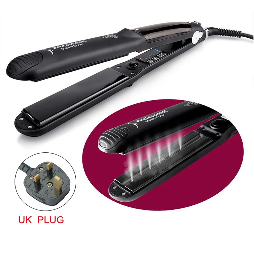 Керамический паровой выпрямитель для волос, профессиональный выпрямитель, паровой шов, выпрямление, утюг для волос, инструмент для укладки - Цвет: UK Plug