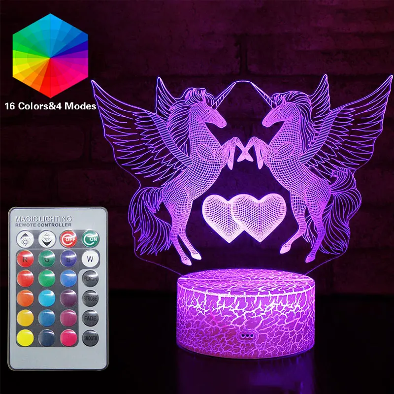Unicorn 7 3D единорог, ночник, светодиодный, Оптические иллюзии, лампы, дистанционное управление, умная настольная лампа, 16 цветов, Декор, Luminaria Lampara, для девочек, рождественские, вечерние, подарок - Испускаемый цвет: Unicorn 7