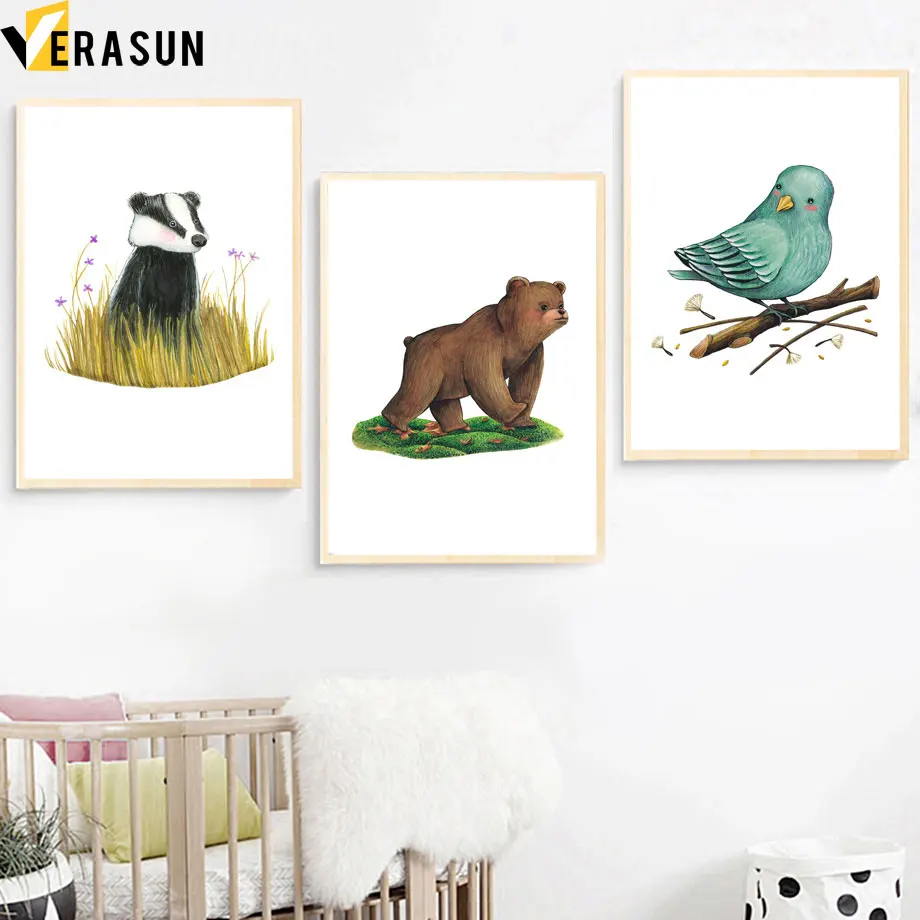 

Watercolor Bird Badger Bear Nordic Posters And Prints Wall Art Canvas Painting Nursery Wall Picture Baby Kids Room Bedroom Decor