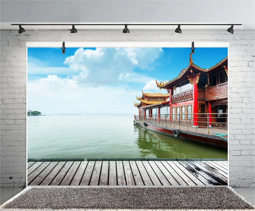 Laeacco Chinese Architecture Boat Wooden Floor Scene Photographic Backgrounds Customized Photography Backdrops For Photo Studio Laeacco Chinese Architecture Boat Wooden Floor Scene Photographic Backgrounds Customized Photography Backdrops For Photo Studio