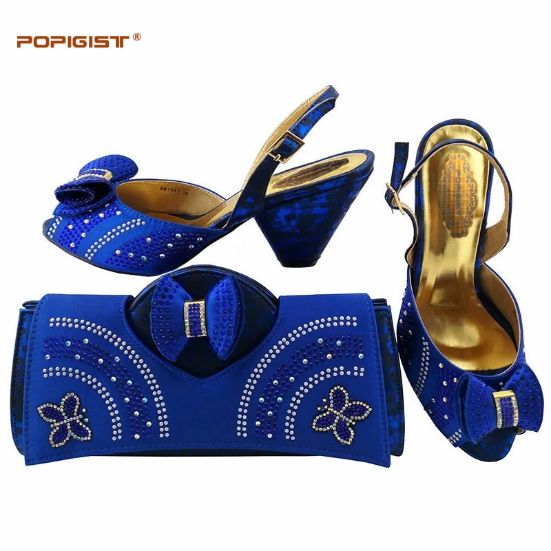 Royal Blue Med Heels Rhinestone Woman Shoe And Matching Bag Set Italy