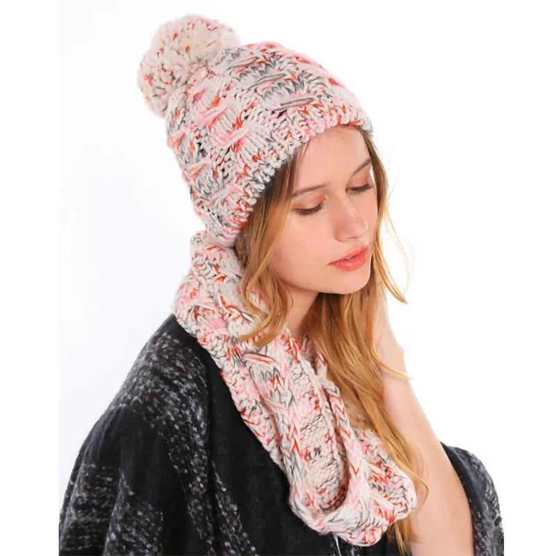 Зимний комплект из шапки и шарфа для женщин, теплый плотный вязаный шарф-кольцо, шарфы и вязаная шапка, комплект для девочек, шарф, шапка, комплекты