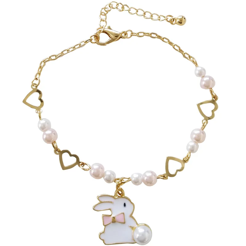 

Cute Little White Rabbit Simulated-pearls Simple Friendship Bracelets Gold Color Heart Hollow Aka Sorority Charm Bracelets