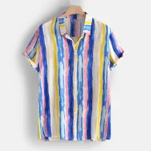 Мужская рубашка в полоску, летняя мода, цветная, в полоску, хлопок, отложной воротник, короткий рукав, повседневный Топ, блузка, гавайская рубашка
