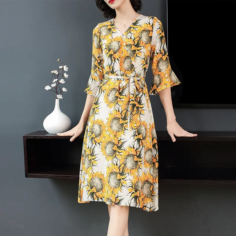 

Chinese Yellow plus size summer mulberry silk dress 2019 boho women print floral elegant vintage runway bodycon slim mid clothes