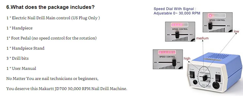 MAKARTT 30000 об/мин JD700 электрическая дрель для ногтей, ножная педаль, акриловые биты, набор высокоскоростных подшипников, низкий нагрев, низкий уровень шума E0811