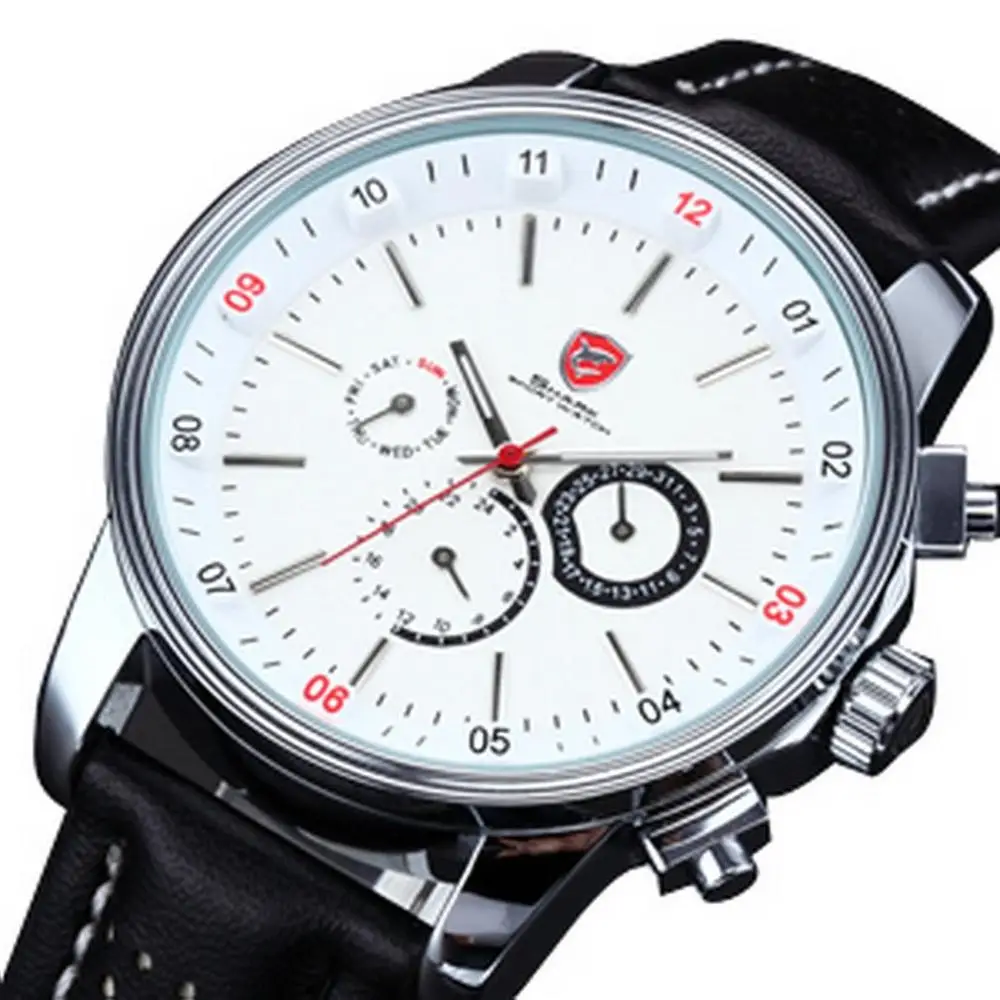 Pacific Angel Shark Sport Watch Men's White Date Day Fashion Casual Men Wristwatch Black Leather Strap Quartz Clock Male / SH093
