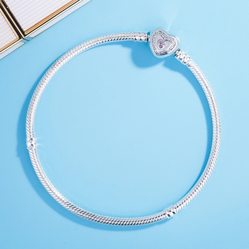 

925 Sterling Silver Pink Crystal Wishful Heart Moments Snake Chain Pandora Bracelet Bangle Fit Women Bead Charm Jewelry