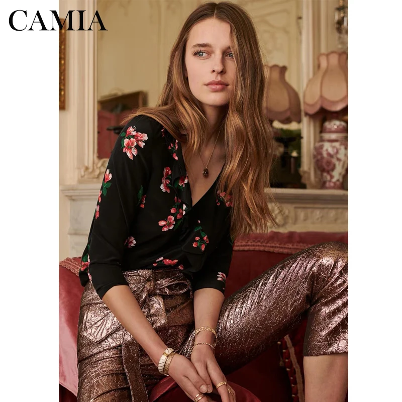 

CAMIA 100%Silk Women Blouse Begonia Flower Print Blouse Three Quarter Ruffle V Neck Sweet Romantic Chemise Shirt To