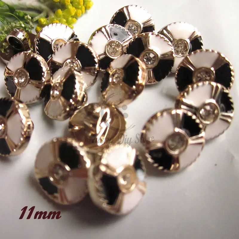 144pcs 11mm 18L Gold white + black epoxy rhinestone sewing buttons for
