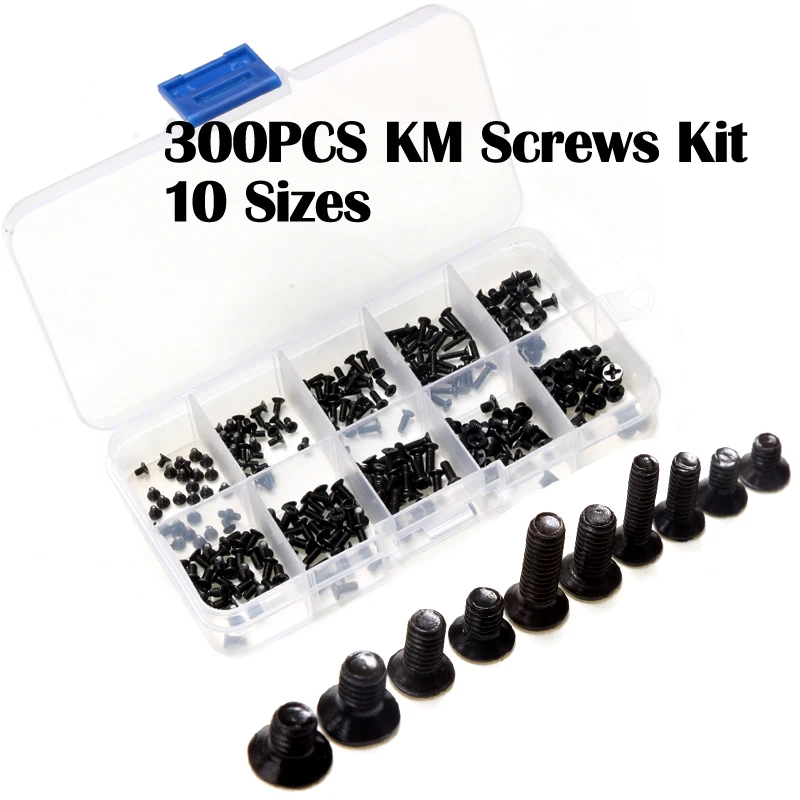 300Pcs Flat Head KM Laptop Screws Set 10Sizes Assemble Repair Black