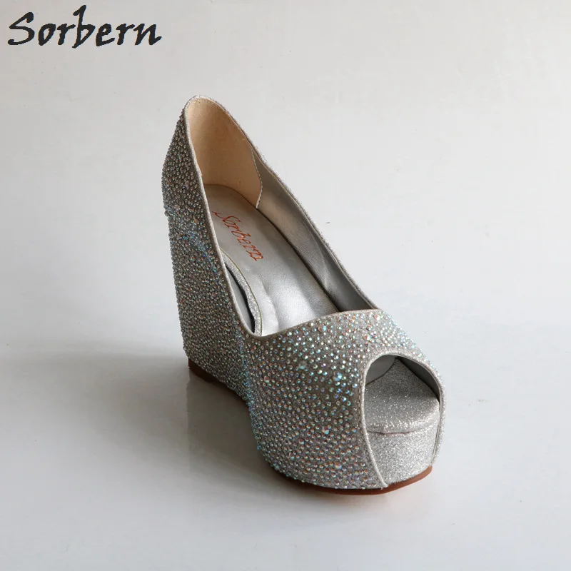 Sorbern/Серебристые свадебные туфли со стразами женские туфли-лодочки на танкетке с открытым носком и кристаллами вечерние туфли на платформе и высоком каблуке серебристого/золотистого цвета