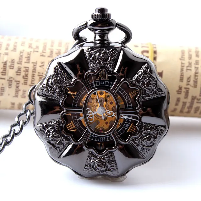 Black Full Steel Luminous Mechanical Pocket Watch Steampunk Vintage Hollow Analo Black Full Steel Luminous Mechanical Pocket Watch Steampunk Vintage Hollow Analo